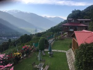 This image overlooks the Himalayan ranges , Manali region from Himalayan Kothi with the beautiful roses displayed in full splendor a gift of nature to all who  come and experience the bountifulness of gifts of nature in Kullu Valley 